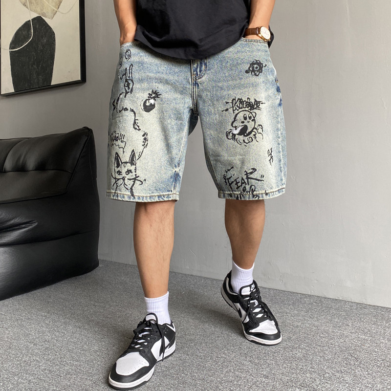 夏季美式休闲痞帅复古涂鸦印花牛仔短裤男宽松个性潮流五分裤子潮