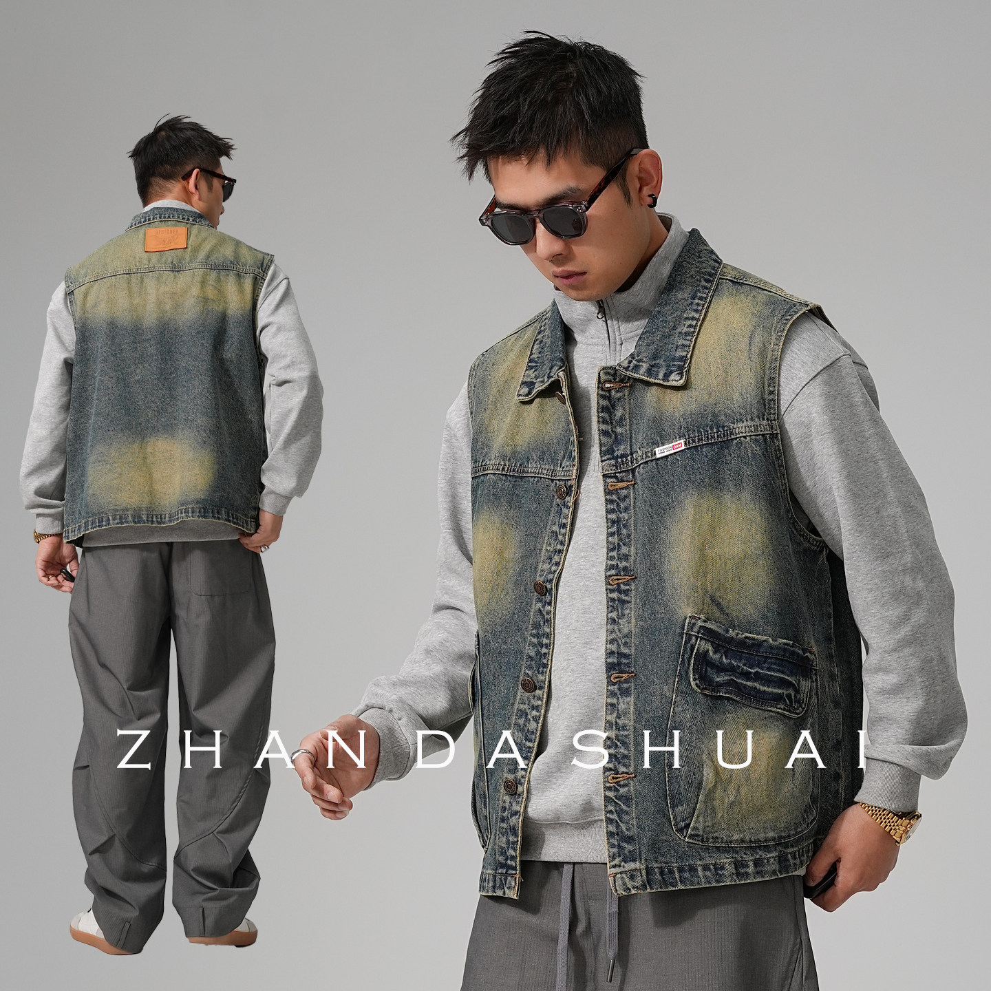 占大帅 美式休闲复古痞帅做旧牛仔工装马甲男宽松无袖坎肩外套潮,男装,常规马甲,淘宝优惠券,粉丝福利购,淘宝优惠卷