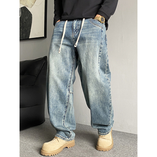 男直筒宽松抽绳百搭阔腿弯刀长裤 痞帅重磅水洗复古牛仔裤 美式 秋季