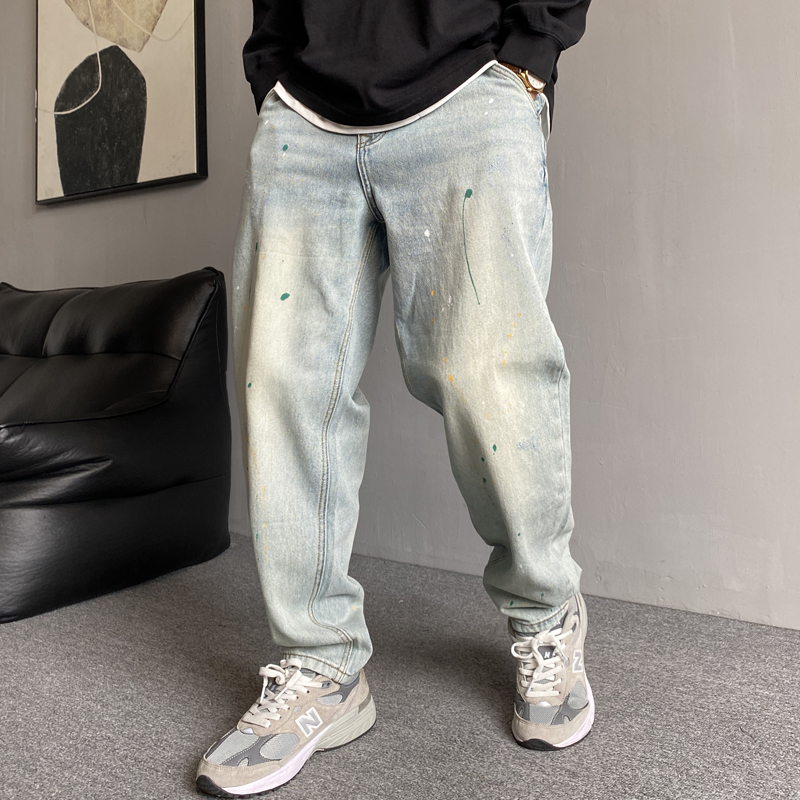 泼墨点漆浅蓝色牛仔裤男直筒宽松