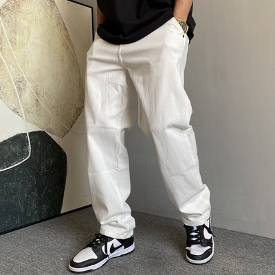 高端白色牛仔裤男直筒宽松高街