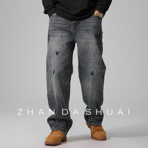 复古刺绣牛仔裤男直筒宽松高街