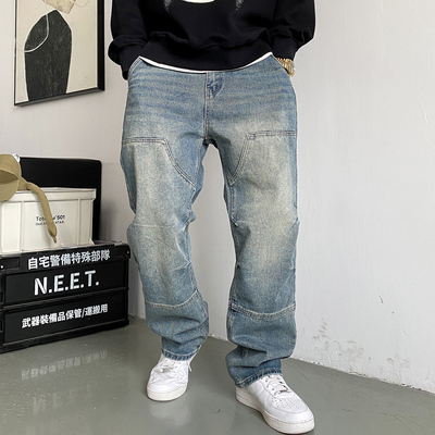 复古浅蓝色牛仔裤男直筒宽松