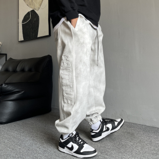 运动束脚裤 秋冬季 男宽松抽绳大码 休闲痞帅加绒做旧脏脏卫裤 子 美式