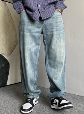 春秋美式休闲痞帅水洗浅蓝色牛仔裤男直筒宽松高街百搭阔腿裤子