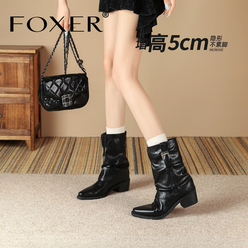 FOXER尖头粗跟中筒靴女复古英伦