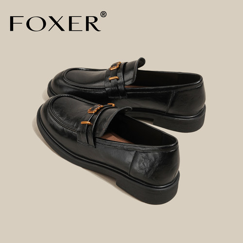 FOXER英伦风黑色乐福鞋女款粗跟