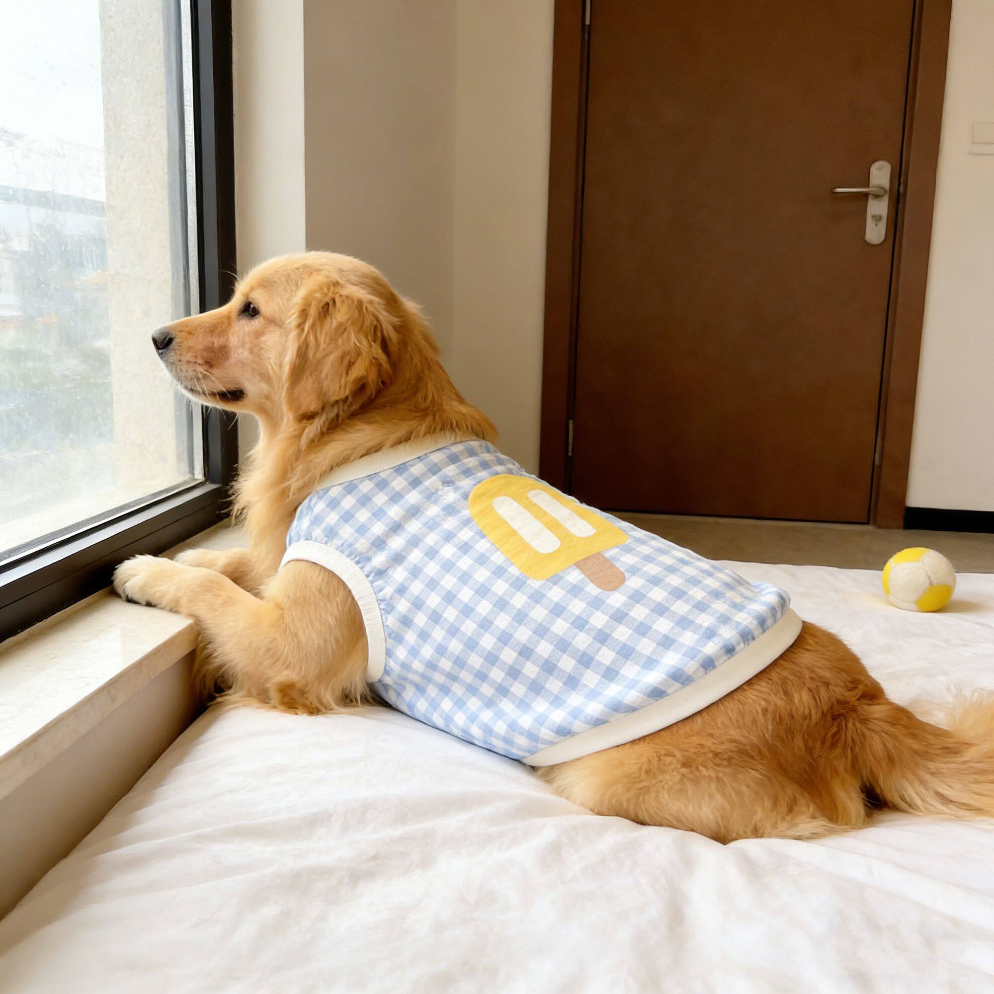 宠物狗狗衣服春秋款格子雪糕印花亲肤透气背心大型犬金毛拉布拉多