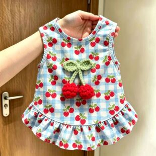 宠物衣服蓝白格立体樱桃装饰荷叶背心裙猫咪比熊柯基中小犬夏秋