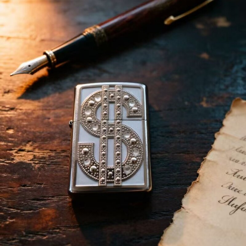 正品Zippo打火机拉丝贴章镶嵌水晶美元符号 防风煤油打火机