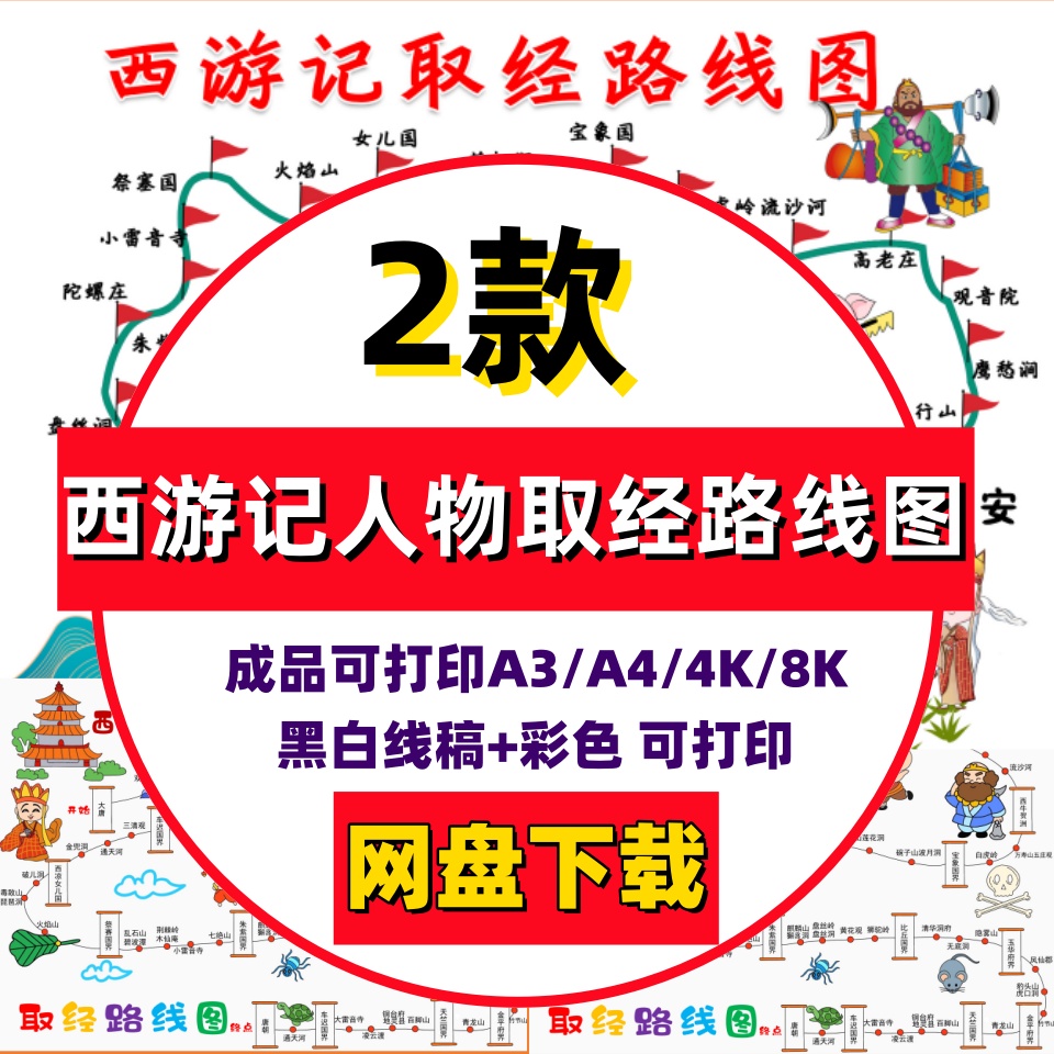 西游记人物取经路线图思维导图四大名著电子版手抄报黑白线稿模板