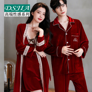 春秋冬季情侣睡衣女性感金丝绒睡裙结婚红色晨袍薄款珊瑚绒男套装