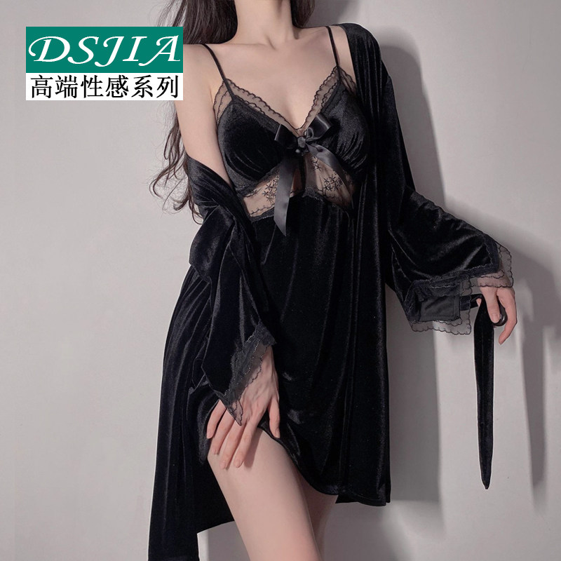 性感睡衣女春秋款金丝绒冬季薄款诱惑吊带睡裙带胸垫黑色睡袍套装