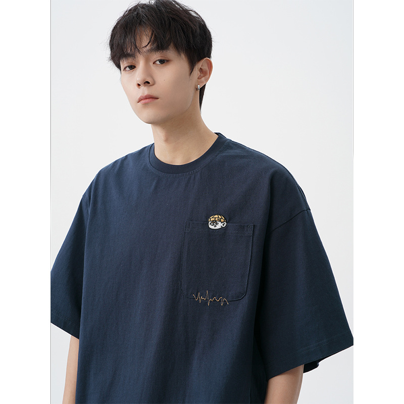 AFZZ夏季新款日系复古刺绣设计纯棉短袖宽松落肩袖休闲T恤情侣男