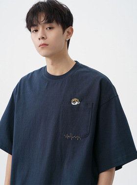 AFZZ夏季新款日系复古刺绣设计纯棉短袖宽松落肩袖休闲T恤情侣男