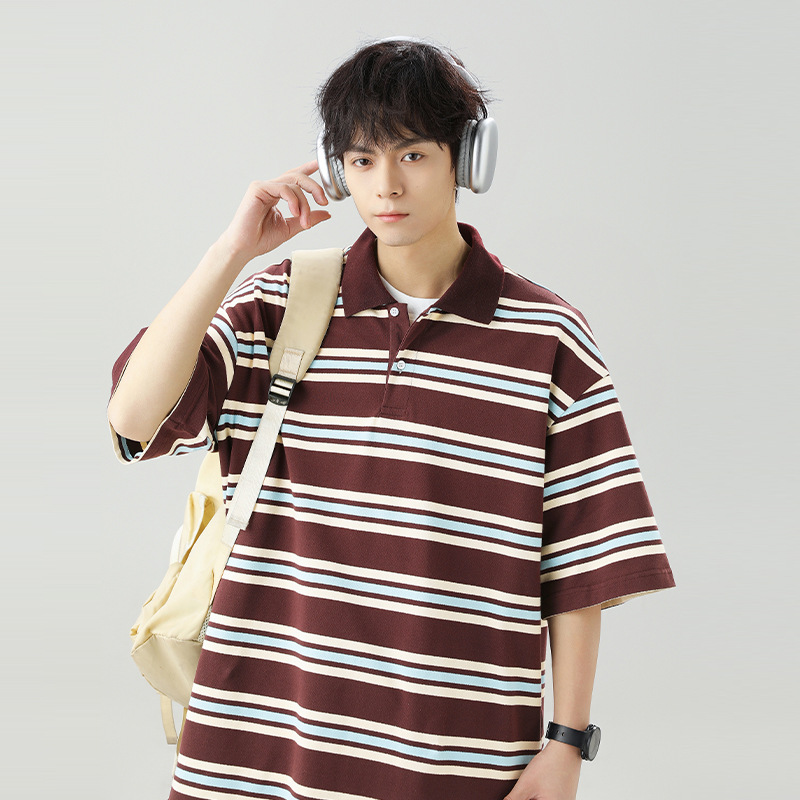AFZZ日系复古质感撞色条纹Polo衫男女夏季款翻领短袖休闲情侣半袖