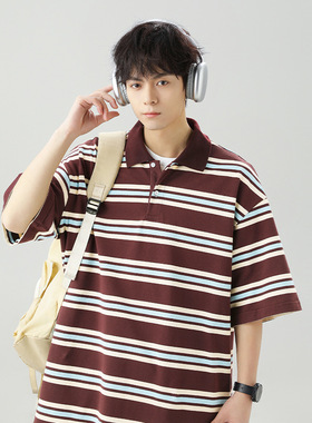 AFZZ日系复古质感撞色条纹Polo衫男女夏季款翻领短袖休闲情侣半袖