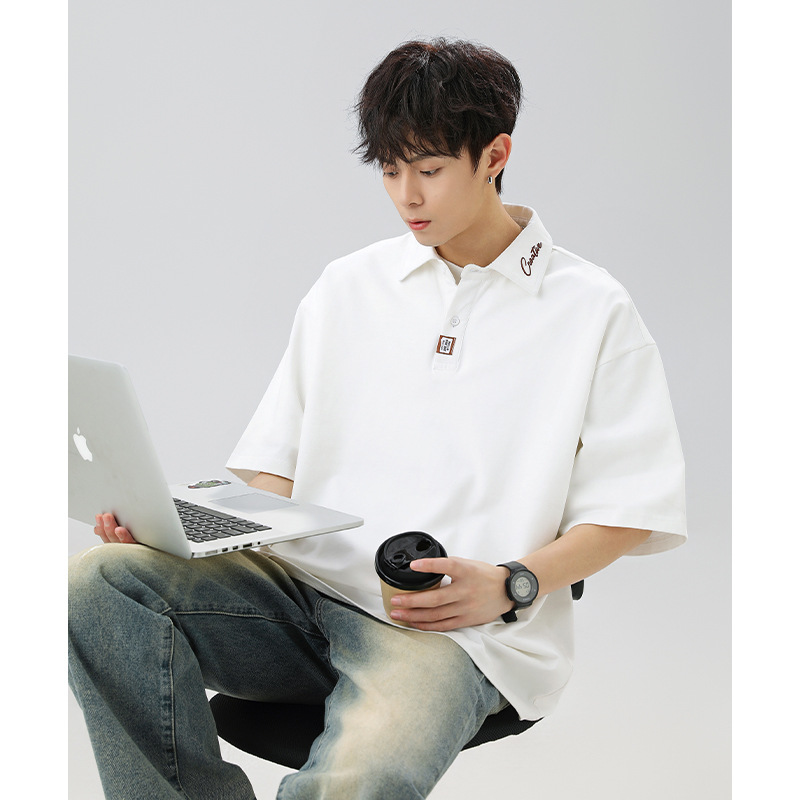 AFZZ日系男装领口撞色字母刺绣短袖Polo衫男宽松纯棉半袖T恤上衣