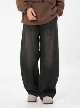 AFZZ美式秋冬新款水洗做旧弯刀设计牛仔裤复古宽松休闲长裤子男