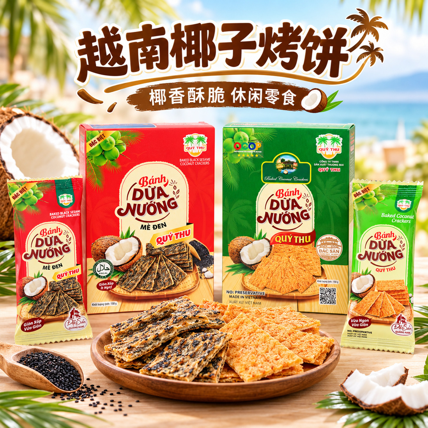 越南QUY THU椰子烤饼150g 原味芝麻味 酥脆椰香薄饼办公室零食