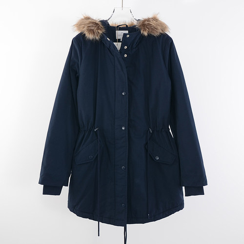 连帽加厚保暖抽绳收腰中长款棉衣