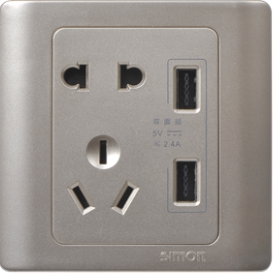 西蒙usb插座香槟色西蒙插座加usb香槟金五孔开关面板家用