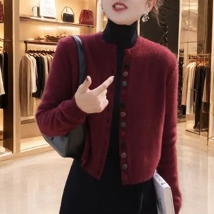 安可拉红长袖针织开衫女2025秋冬新款高级感洋气时髦大码百搭上衣