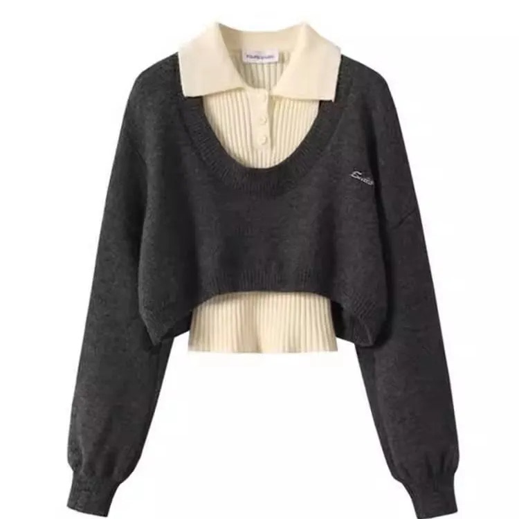 美式Polo领短款毛衣女秋装大码微胖mm显瘦针织背心罩衫两件套上衣