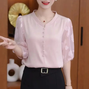 高级感雪纺衬衫女半袖2025夏季新款气质V领衬衣洋气遮肚显瘦上衣
