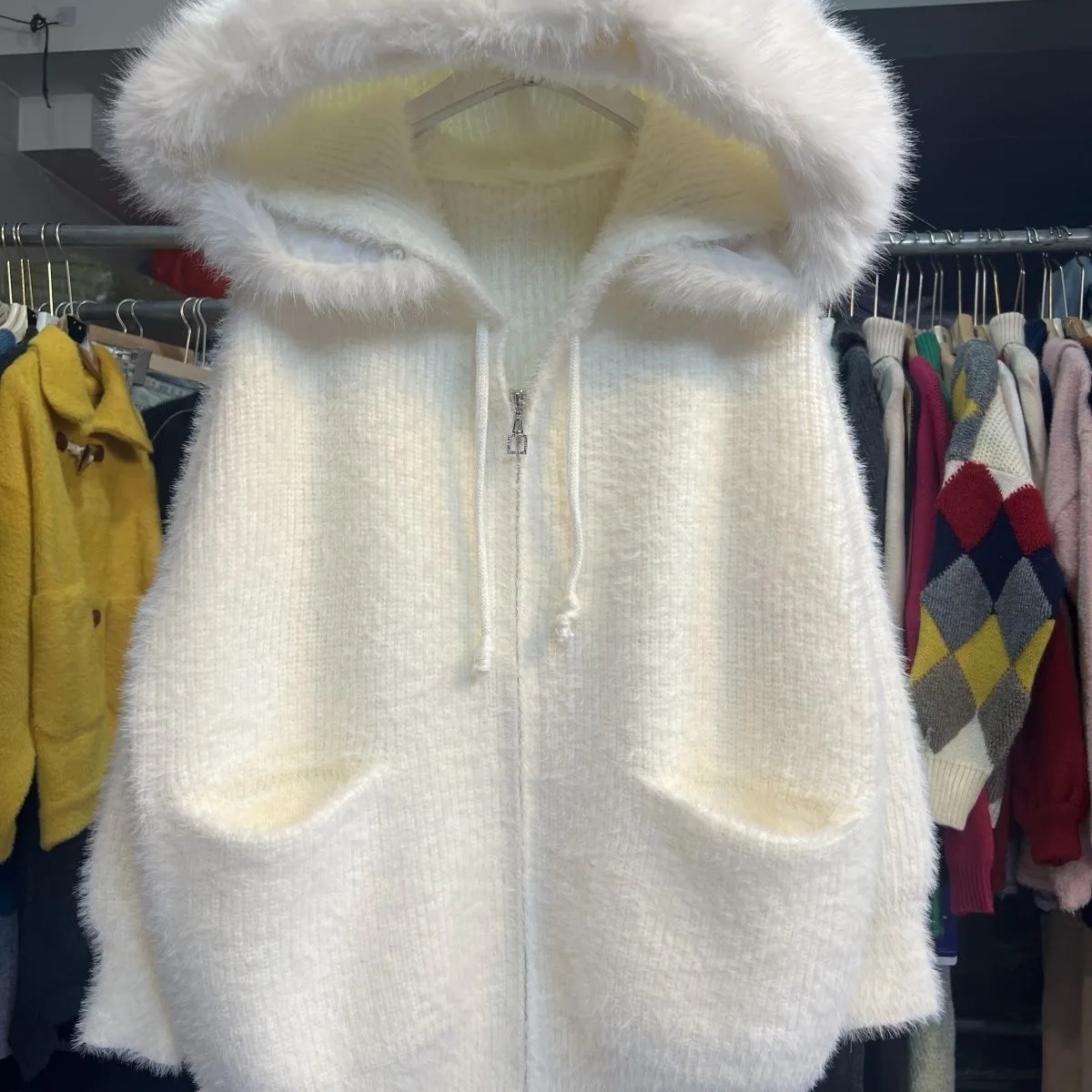 纯欲大毛领连帽宽松毛衣外套女2025秋冬新款韩系慵懒风针织衫上衣