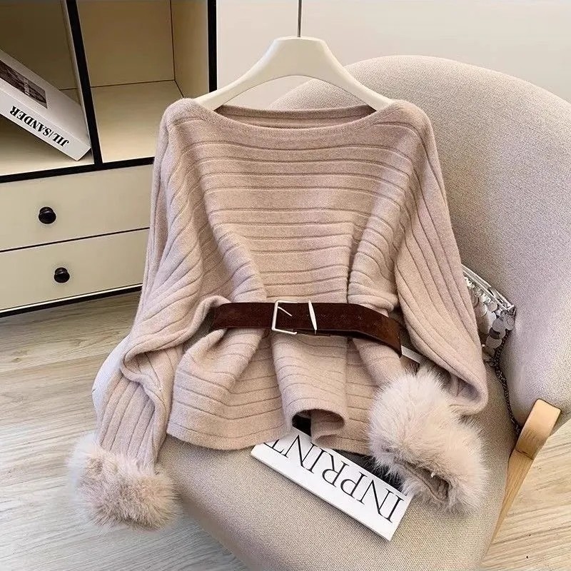 韩版小众纯欲风百搭仿毛设计斜肩慵懒风高级感毛衣带腰带上衣女装,女装/女士精品,毛衣,淘宝优惠券,粉丝福利购,淘宝优惠卷