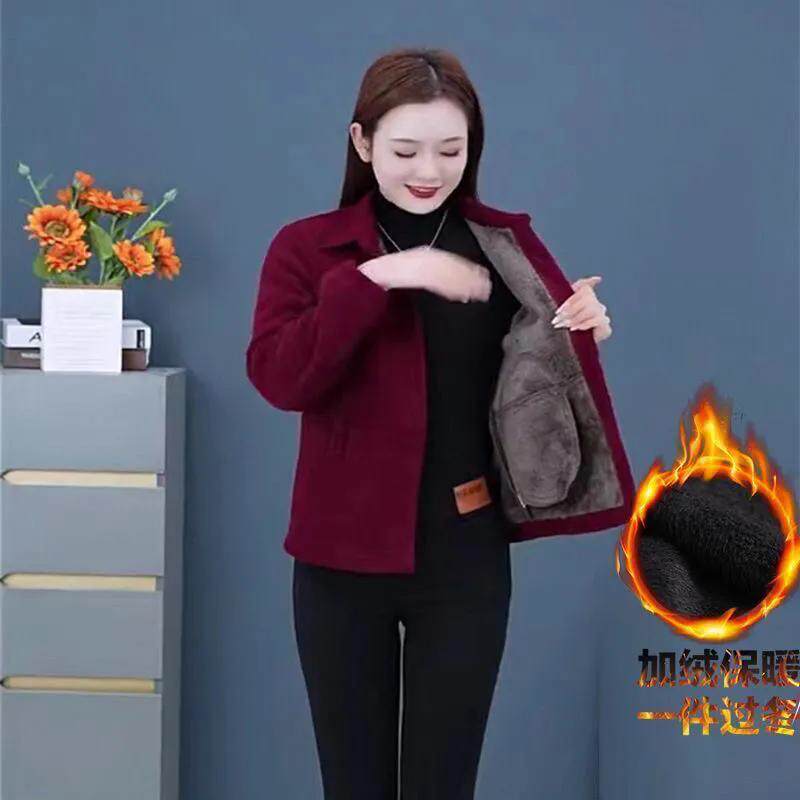 2023秋冬新款灯芯绒妈妈装外套中年女士纯色时尚加绒短款棉袄上衣