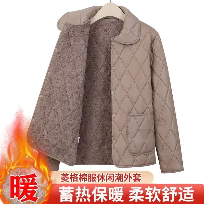 菱形格棉服女新款时尚宽松大码显瘦设计感洋气外套轻薄棉衣