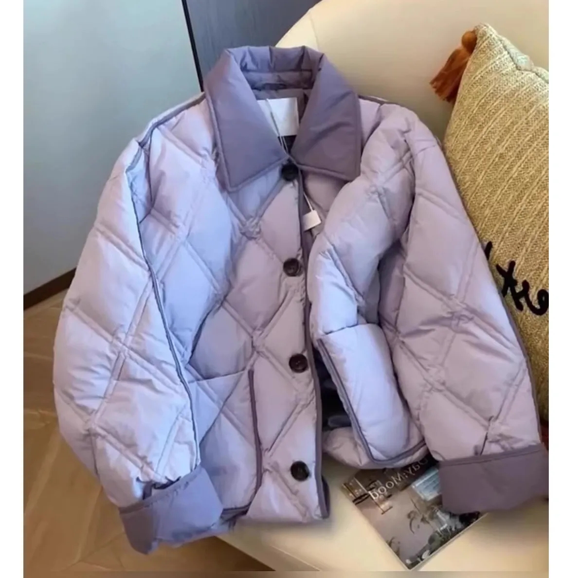 今年流行漂亮洋气减龄小个子短款紫色菱形格羽绒棉服外套女秋冬季