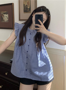 法式设计感甜美小飞袖蓝色格子衬衫女2026春夏小众无袖娃娃衫上衣
