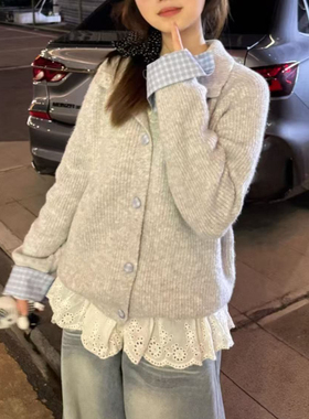 大码胖MM韩系复古灰色翻领针织开衫女秋季慵懒风宽松显瘦毛衣外套