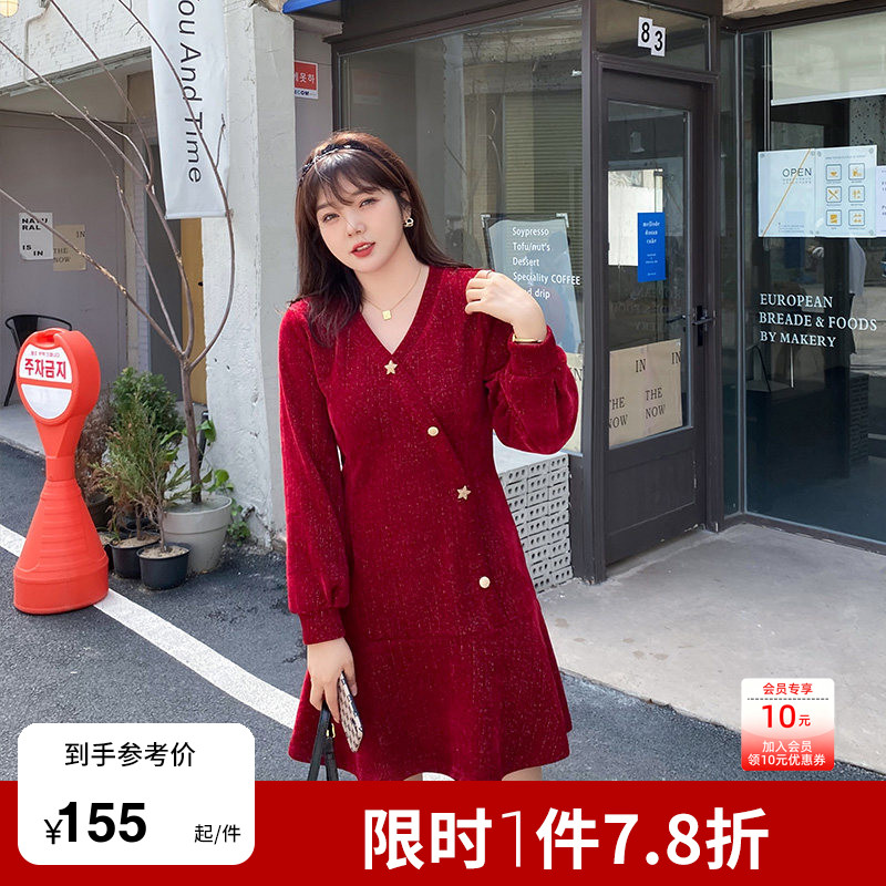 冬装加厚新款气质名媛针织打底外穿遮肉显瘦胖MM大码连衣裙红色
