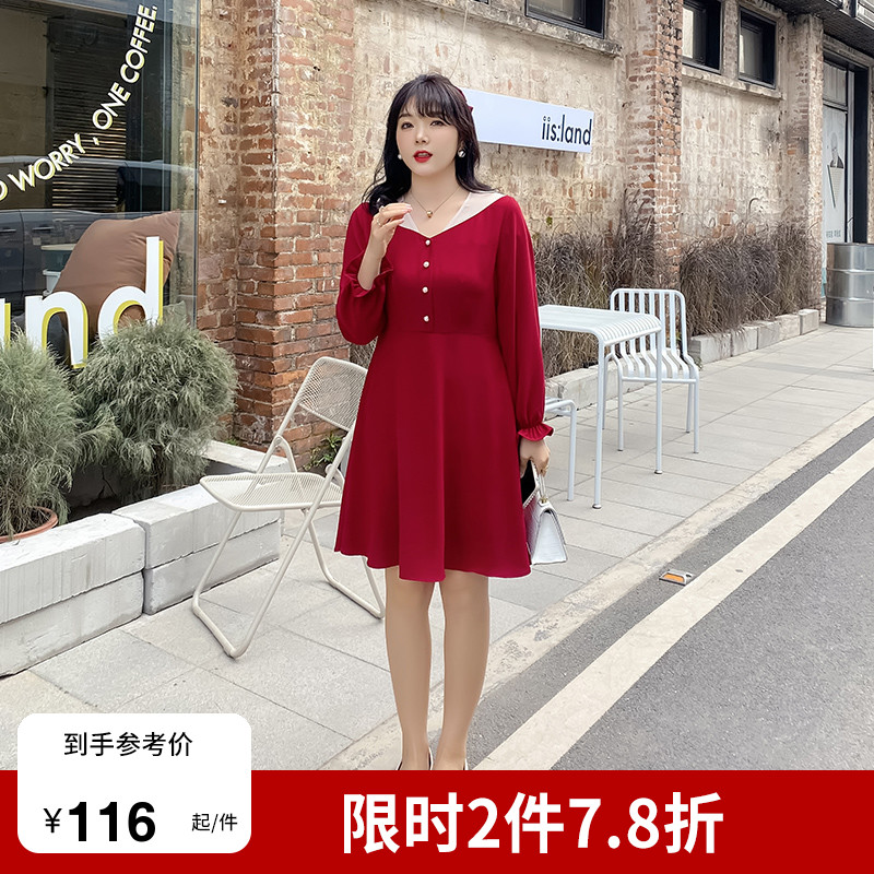 2021秋装大码女装v领撞色胖MM