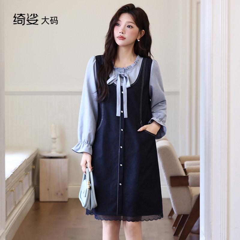 大码女装秋冬装新款显瘦胖妹妹直筒遮肉显瘦百搭长袖假两件连衣裙