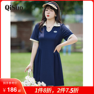 新款 大碼 夏裝 氣質(zhì)polo領(lǐng)短袖 女裝 裙子收腰顯瘦胖mm遮肚子連衣裙
