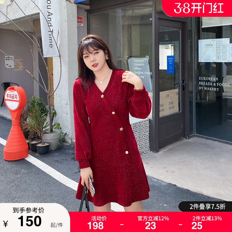 冬装加厚新款气质名媛针织打底外穿遮肉显瘦胖MM大码连衣裙红色