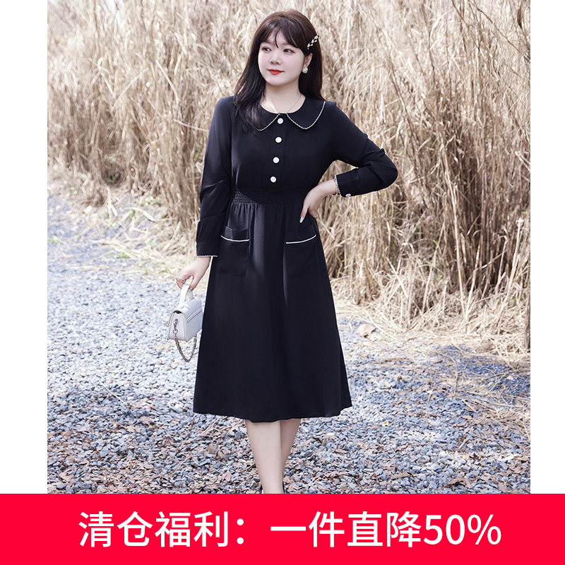 2024年秋季新款韩风甜美撞色娃娃领长袖橡筋收腰长款黑色连衣裙