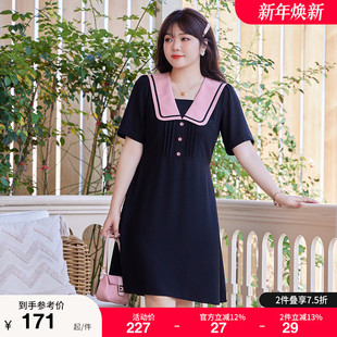 甜美减龄桔梗大码 显瘦娃娃领收腰短袖 垂坠感连衣裙 女装 胖mm夏装