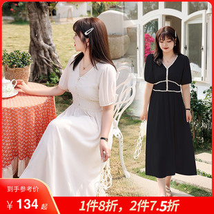 2023年夏裝 雪紡連衣裙氣質(zhì)溫柔風(fēng)長裙子 V領(lǐng)收腰顯瘦胖MM大碼 新款