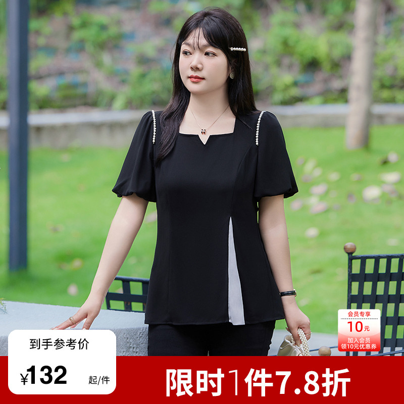显瘦大码女装黑色短袖上衣夏装新款法式气质V领泡泡袖开衩雪纺衫