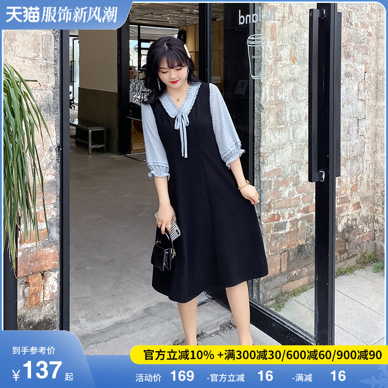 2023秋装新款显瘦大码连衣裙胖mm拼接减龄蝴蝶结中长款过膝假两件