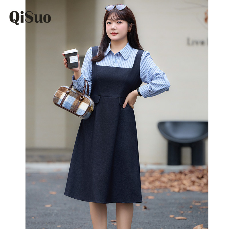 绮娑秋装新款显瘦大码胖MM仿牛仔连衣裙假两件条纹衬衫收腰A字裙