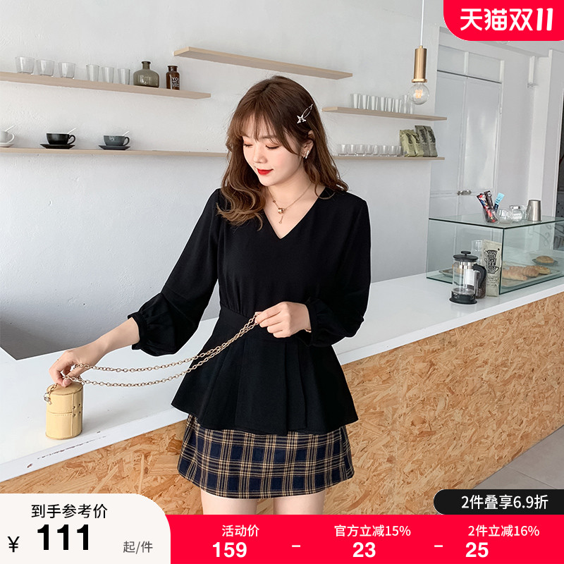 v领长袖胖妹妹遮肚雪纺衫早秋装