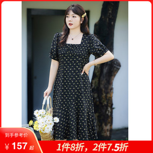 碎花长款 显瘦胖MM大码 方领收腰A字长款 新款 雪纺裙 连衣裙2024夏季
