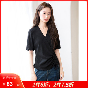 绮娑显瘦胖MM上衣女夏装 2025年新款 黑色V领简约气质弹力针织T恤衫